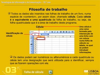 Filosofia de trabalho
Filosofia de trabalho
 Todos os dados são inseridos nas folhas de trabalho de um livro, numa
espécie de «contentor», por assim dizer, chamado célula. Cada célula
é o equivalente a uma quadrícula da folha de trabalho, ou seja, da
folha quadriculada que é a área de trabalho deste programa.
 Os dados podem ser numéricos ou alfanuméricos e cada quadrícula ou
célula tem uma designação que será utilizada para a identificar, sempre
que se fizerem operações com ela.
Célula Uma célula é
uma caixa
formada pela
intersecção de
uma linha com
um coluna
numa folha de
cálculo ou
tabela, na qual
se podem
introduzir
informações.
Identificação da
célula
 