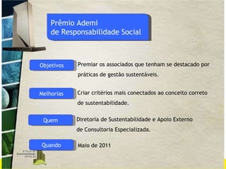 Objetivos Premiar os associados que tenham se destacado por práticas de gestão sustentáveis. Melhorias Criar critérios mais conectados ao conceito correto  de sustentabilidade. Quem Diretoria de Sustentabilidade e Apoio Externo  de Consultoria Especializada. Quando Maio de 2011 Prêmio Ademi de Responsabilidade Social 