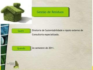 Gestão de Resíduos Quando Quem 2o semestre de 2011. Diretoria de Sustentabilidade e Apoio externo de Consultoria especializada. 