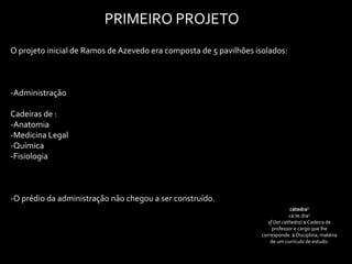 PRIMEIRO PROJETO
O projeto inicial de Ramos de Azevedo era composta de 5 pavilhões isolados:



-Administração

Cadeiras de :
-Anatomia
-Medicina Legal
-Química
-Fisiologia



-O prédio da administração não chegou a ser construído.
                                                                                   cátedra1
                                                                                  cá.te.dra1
                                                                       sf (lat cathedra) 1 Cadeira de
                                                                         professor e cargo que lhe
                                                                    corresponde. 2 Disciplina, matéria
                                                                        de um currículo de estudo.
 