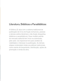 Literatura, Didáticos e Paradidáticos 
A Editora JC atua com o sistema tradicional de 
publicação de livros de ficção (romances, poesias 
e demais estilos literários) e não-ficção (biografias, 
didáticos e paradidáticos). Esse modelo padrão 
do mercado editorial tem início na submissão, 
pelo autor, do original do livro para análise da 
viabilidade e interesse na publicação. As demais 
etapas contemplam todas as práticas tradicionais, 
como evento de lançamento, distribuição, ações de 
promoção e venda da obra. 
 