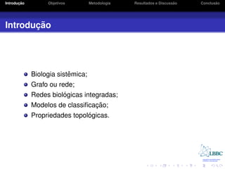 ¸˜
Introducao        Objetivos        Metodologia                       ˜
                                                 Resultados e Discussao          ˜
                                                                          Conclusao




       ¸˜
Introducao




                          ˆ
             Biologia sistemica;
             Grafo ou rede;
                        ´
             Redes biologicas integradas;
                                 ¸˜
             Modelos de classiﬁcacao;
                               ´
             Propriedades topologicas.
 