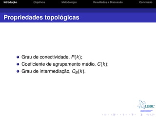¸˜
Introducao        Objetivos    Metodologia                       ˜
                                             Resultados e Discussao          ˜
                                                                      Conclusao




                  ´
Propriedades topologicas




             Grau de conectividade, P(k);
                                            ´
             Coeﬁciente de agrupamento medio, C(k);
                               ¸˜
             Grau de intermediacao, CB (k).
 