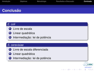 ¸˜
Introducao        Objetivos      Metodologia                       ˜
                                               Resultados e Discussao          ˜
                                                                        Conclusao




       ˜
Conclusao


      E. coli
         1   Livre de escala
         2                ´
             Linear quadratica
         3             ¸˜             ˆ
             Intermediacao: lei de potencia

      S. cerevisiae
         1   Livre de escala diferenciada
         2                ´
             Linear quadratica
         3             ¸˜             ˆ
             Intermediacao: lei de potencia
 