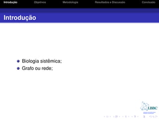 ¸˜
Introducao        Objetivos        Metodologia                       ˜
                                                 Resultados e Discussao          ˜
                                                                          Conclusao




       ¸˜
Introducao




                          ˆ
             Biologia sistemica;
             Grafo ou rede;
 