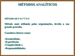 MÉTODOS ANALÍTICOS



MÉTODO DE P O N T O S

Método mais utilizado pelas organizações, devido a sua
grande precisão.

Considera fatores como:

-Escolaridade;
-Experiência;
-Complexidade e
-Responsabilidades.
 