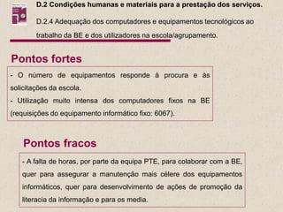 D.2 Condições humanas e materiais para a prestação dos serviços.

        D.2.4 Adequação dos computadores e equipamentos tecnológicos ao
        trabalho da BE e dos utilizadores na escola/agrupamento.


Pontos fortes
- O número de equipamentos responde à procura e às
solicitações da escola.
- Utilização muito intensa dos computadores fixos na BE
(requisições do equipamento informático fixo: 6067).



    Pontos fracos
   - A falta de horas, por parte da equipa PTE, para colaborar com a BE,
   quer para assegurar a manutenção mais célere dos equipamentos
   informáticos, quer para desenvolvimento de ações de promoção da
   literacia da informação e para os media.
 