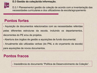D.3 Gestão da coleção/da informação.

        D.3.1 Planeamento/ gestão da coleção de acordo com a inventariação das
        necessidades curriculares e dos utilizadores da escola/agrupamento
        .

 Pontos fortes
- Aquisição de documentos relacionados com as necessidades referidas
pelas diferentes estruturas da escola, incluindo os departamentos,
decorrentes do PE e/ou de projetos.
- Abertura dos órgãos de gestão a aquisições de fundo documental.
- Anualmente são utilizadas verbas (do PNL e do orçamento da escola)
para aquisições de novos documentos.


Pontos fracos
        - Inexistência do documento “Política de Desenvolvimento da Coleção”.
 