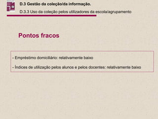 D.3 Gestão da coleção/da informação.
    D.3.3 Uso da coleção pelos utilizadores da escola/agrupamento




   Pontos fracos


- Empréstimo domiciliário: relativamente baixo

- Índices de utilização pelos alunos e pelos docentes: relativamente baixo
 