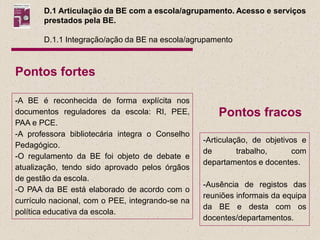 D.1 Articulação da BE com a escola/agrupamento. Acesso e serviços
       prestados pela BE.

       D.1.1 Integração/ação da BE na escola/agrupamento



Pontos fortes

-A BE é reconhecida de forma explícita nos
documentos reguladores da escola: RI, PEE,            Pontos fracos
PAA e PCE.
-A professora bibliotecária integra o Conselho
                                                  -Articulação, de objetivos e
Pedagógico.
                                                  de        trabalho,      com
-O regulamento da BE foi objeto de debate e
                                                  departamentos e docentes.
atualização, tendo sido aprovado pelos órgãos
de gestão da escola.
                                                  -Ausência de registos das
-O PAA da BE está elaborado de acordo com o
                                                  reuniões informais da equipa
currículo nacional, com o PEE, integrando-se na
                                                  da BE e desta com os
política educativa da escola.
                                                  docentes/departamentos.
 