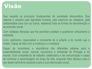 Visão
Que respeite os princípios fundamentais da sociedade democrática. Que
valorize o respeito pela dignidade humana, pelo exercício da cidadania, pela
solidariedade para com os outros, rejeitando toda as formas de discriminação e
de exclusão social.
Com múltiplas literacias que lhe permitam analisar e questionar criticamente a
realidade.
Livre, autónomo, responsável e consciente de si próprio e do mundo que o
rodeia. Capaz de lidar com a mudança e a incerteza.
Capaz de reconhecer a importância dos diferentes saberes para a
sustentabilidade social, cultural, económica e ambiental de Portugal e do
mundo. Com competência de trabalho colaborativo e de comunicação e capaz
de continuar a aprendizagem ao longo da vida, enquanto fator decisivo para o
seu desenvolvimento pessoal e para a sua intervenção social.
4
 