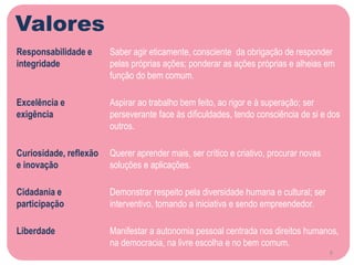 Valores
Responsabilidade e
integridade
Saber agir eticamente, consciente da obrigação de responder
pelas próprias ações; ponderar as ações próprias e alheias em
função do bem comum.
Excelência e
exigência
Aspirar ao trabalho bem feito, ao rigor e à superação; ser
perseverante face às dificuldades, tendo consciência de si e dos
outros.
Curiosidade, reflexão
e inovação
Querer aprender mais, ser crítico e criativo, procurar novas
soluções e aplicações.
Cidadania e
participação
Demonstrar respeito pela diversidade humana e cultural; ser
interventivo, tomando a iniciativa e sendo empreendedor.
Liberdade Manifestar a autonomia pessoal centrada nos direitos humanos,
na democracia, na livre escolha e no bem comum.
9
 