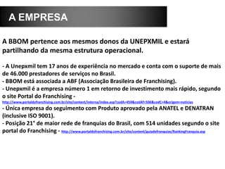 A EMPRESA
A BBOM pertence aos mesmos donos da UNEPXMIL e estará
partilhando da mesma estrutura operacional.
- A Unepxmil tem 17 anos de experiência no mercado e conta com o suporte de mais
de 46.000 prestadores de serviços no Brasil.
- BBOM está associada a ABF (Associação Brasileira de Franchising).
- Unepxmil é a empresa número 1 em retorno de investimento mais rápido, segundo
o site Portal do Franchising -
http://www.portaldofranchising.com.br/site/content/interna/index.asp?codA=459&codAf=506&codC=4&origem=noticias
- Única empresa do seguimento com Produto aprovado pela ANATEL e DENATRAN
(inclusive ISO 9001).
- Posição 21° de maior rede de franquias do Brasil, com 514 unidades segundo o site
portal do Franchising - http://www.portaldofranchising.com.br/site/content/guiadefranquias/RankingFranquia.asp
 
