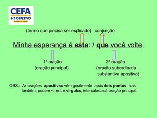 (termo que precisa ser explicado) conjunção
Minha esperança é esta: / que você volte.
1ª oração 2ª oração
(oração principal) (oração subordinada
substantiva apositiva)
OBS.: As orações apositivas vêm geralmente após dois pontos, mas
também, podem vir entre vírgulas, intercaladas à oração principal.
 