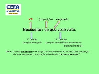 VTI (preposição) conjunção
Necessito / de que você volte.
1ª oração 2ª oração
(oração principal) (oração subordinada substantiva
objetiva indireta)
OBS.: O verbo necessitar (VTI) exige um complemento (OI) iniciado pela preposição
“de” que, nesse caso, é a oração subordinada “de que você volte”.
 
