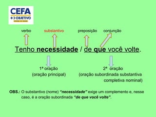 verbo substantivo preposição conjunção
Tenho necessidade / de que você volte.
1ª oração 2ª oração
(oração principal) (oração subordinada substantiva
completiva nominal)
OBS.: O substantivo (nome) “necessidade” exige um complemento e, nesse
caso, é a oração subordinada “de que você volte”.
 