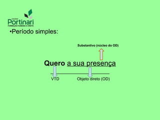 •Período simples:
Substantivo (núcleo do OD)
Quero a sua presença
VTD Objeto direto (OD)
 