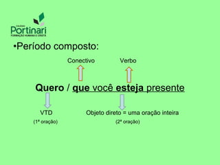 •Período composto:
Conectivo Verbo
Quero / que você esteja presente
VTD Objeto direto = uma oração inteira
(1ª oração) (2ª oração)
 