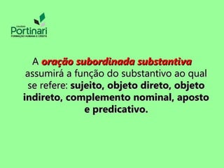 AA oração subordinada substantivaoração subordinada substantiva
assumirá a função do substantivo ao qualassumirá a função do substantivo ao qual
se refere:se refere: sujeito, objeto direto, objetosujeito, objeto direto, objeto
indireto, complemento nominal, apostoindireto, complemento nominal, aposto
e predicativo.e predicativo.
 