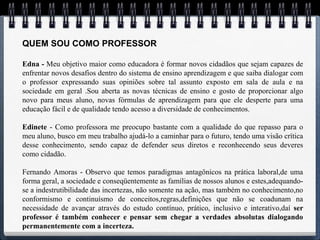 QUEM SOU COMO PROFESSOR

Edna - Meu objetivo maior como educadora é formar novos cidadãos que sejam capazes de
enfrentar novos desafios dentro do sistema de ensino aprendizagem e que saiba dialogar com
o professor expressando suas opiniões sobre tal assunto exposto em sala de aula e na
sociedade em geral .Sou aberta as novas técnicas de ensino e gosto de proporcionar algo
novo para meus aluno, novas fórmulas de aprendizagem para que ele desperte para uma
educação fácil e de qualidade tendo acesso a diversidade de conhecimentos.

Edinete - Como professora me preocupo bastante com a qualidade do que repasso para o
meu aluno, busco em meu trabalho ajudá-lo a caminhar para o futuro, tendo uma visão crítica
desse conhecimento, sendo capaz de defender seus diretos e reconhecendo seus deveres
como cidadão.

Fernando Amoras - Observo que temos paradigmas antagônicos na prática laboral,de uma
forma geral, a sociedade e conseqüentemente as famílias de nossos alunos e estes,adequando-
se a indestrutibilidade das incertezas, não somente na ação, mas também no conhecimento,no
conformismo e continuísmo de conceitos,regras,definições que não se coadunam na
necessidade de avançar através do estudo contínuo, prático, inclusivo e interativo,daí ser
professor é também conhecer e pensar sem chegar a verdades absolutas dialogando
permanentemente com a incerteza.
 