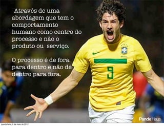 Através de uma
            abordagem que tem o
            comportamento
            humano como centro do
            processo e não o
            produto ou serviço.

            O processo é de fora
            para dentro e não de
            dentro para fora.




quarta-feira, 9 de maio de 2012
 