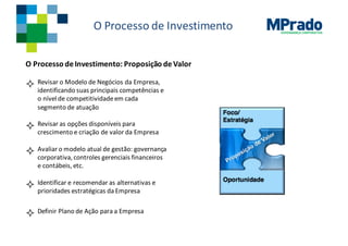 GOVERNANÇA CORPORATIVA
O	Processo de	Investimento
O	Processo de	Investimento:	Proposição de	Valor
² Revisar o	Modelo de	Negócios da	Empresa,	
identificando suas principais competências e	
o	nível de	competitividadeem cada
segmento de	atuação
² Revisar as	opções disponíveis para
crescimento e	criação de	valor	da	Empresa
² Avaliar o	modelo atual de	gestão:	governança
corporativa,	controles gerenciais financeiros
e	contábeis,	etc.
² Identificar e	recomendar as	alternativas e	
prioridades estratégicas da	Empresa
² Definir Plano	de	Ação para a	Empresa
 