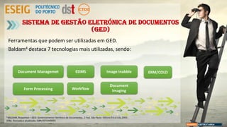 Sistema de gestão eletrónica de documentos
(GED)
Ferramentas que podem ser utilizadas em GED.
Baldam4 destaca 7 tecnologias mais utilizadas, sendo:
Document Managemet EDMS Image Inabble ERM/COLD
Form Processing Workflow
Document
Imaging
4 BALDAM, Roquemar – GED: Gerenciamento Eletrônico de Documentos. 2.ª ed. São Paulo: Editora Érica Ltda,2004.
208p. Revisada e atualizada. ISBN 8571949093
 