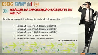 Resultado da quantificação por tamanho dos documentos:
• Folhas A4 total: 70 52 documentos (5%)
• Folhas A3 total: 2 368 documentos (10%)
• Folhas A2 total: 1 051 documentos (70%)
• Folhas A5 total: 3 503 documentos
• Folhas recortadas: 1 450 documentos
Análise da Informação existente no
aquivo
VALORES APROXIMADOS
 