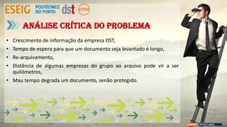 • Crescimento de informação da empresa DST,
• Tempo de espera para que um documento seja levantado é longo,
• Re-arquivamento,
• Distância de algumas empresas do grupo ao arquivo pode vir a ser
quilómetros,
• Mau tempo degrada um documento, senão protegido.
Análise crítica do problema
 