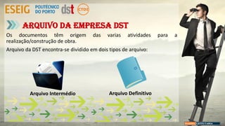 Os documentos têm origem das varias atividades para a
realização/construção de obra.
Arquivo da DST encontra-se dividido em dois tipos de arquivo:
Arquivo da empresa DST
Arquivo Intermédio Arquivo Definitivo
 