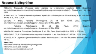 Resumo Bibliográfico
ABComm: Transporte, Pesquisa sobre logística no e-commerce brasileiro 2013. Disponível
em:<http://www.abcomm.org/noticias/pesquisa-logistica-no-e-commerce-brasileiro/> Acesso em: 02 Mar.
2014.
ALBERTIN, L, A. Comércio eletrônico (Modelo, aspectos e contribuições de sua aplicação). 6. ed. São Paulo:
ATLAS S.A., 2010. 320 p.
GUASTI, P. Frete, Relatório Webshoppers, 28. ed. São Paulo. 2013. Disponível
em:<http://www.ebit.com.br/webshoppers>. Acesso em: 08 Mar. 2014.
. Relatório Webshoppers, 29. ed. São Paulo. 2013. Disponível
em:<http://www.ebit.com.br/webshoppers>. Acesso em: 02 Mai. 2014.
MOURA, B. Logística: Conceitos e Tendências. 1. ed. São Paulo: Centro atlântico, 2006. p. 278-280.
VASCONCELOS, E. E-commerce nas empresas brasileiras. 1. ed. São Paulo: ATLAS S.A., 2005. 152 p.
NOVAES, G, A. Logística e gerenciamento da cadeia de distribuição. 3. ed. Rio de Janeiro: Elsevier, 2007. p.
73-103.
Web sites:
http://www.camara-e.net/blackfriday/codigo.html
http://www.axado.com.br/blog/
http://www.ecommercebrasil.com.br/
 