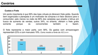 Cenários
Custos e Frete
Um ponto importante é que 69% das lojas virtuais já oferecem frete grátis. Quando
bem organizada e planejada é um motivador de compras e é fator decisivo para o
consumidor, pelo menos na visão de 66% dos varejistas que propõe o bônus em
busca de aumento de vendas; outros 34%, no entanto, ofertam o frete grátis
somente porque os concorrentes também o fazem.
O frete representa a maior parte, com 58%. Os gastos com armazenagem
representam 23% e com manuseio 19%. Como mostra a fonte da ABComm
58%
23% 19%
0
20
40
60
80
1 2 3
Frete
Armazenagem Manuseio
 