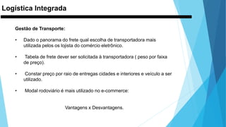Gestão de Transporte:
• Dado o panorama do frete qual escolha de transportadora mais
utilizada pelos os lojista do comércio eletrônico.
• Tabela de frete dever ser solicitada à transportadora ( peso por faixa
de preço).
• Constar preço por raio de entregas cidades e interiores e veículo a ser
utilizado.
• Modal rodoviário é mais utilizado no e-commerce:
Vantagens x Desvantagens.
Logística Integrada
 