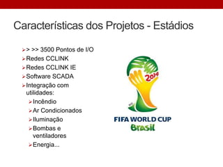 Características dos Projetos - Estádios
> >> 3500 Pontos de I/O
Redes CCLINK
Redes CCLINK IE
Software SCADA
Integração com
utilidades:
Incêndio
Ar Condicionados
Iluminação
Bombas e
ventiladores
Energia...
 