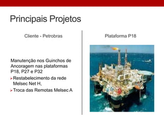 Principais Projetos
Cliente - Petrobras
Manutenção nos Guinchos de
Ancoragem nas plataformas
P18, P27 e P32
Restabelecimento da rede
Melsec Net H,
Troca das Remotas Melsec A
Plataforma P18
 