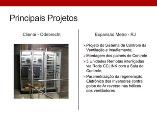 Principais Projetos
Cliente - Odebrecht Expansão Metro - RJ
Projeto do Sistema de Controle da
Ventilação e Insuflamento;
Montagem dos painéis de Controle
3 Unidades Remotas interligadas
via Rede CCLINK com a Sala de
Controle;
Parametrização da regeneração
Eletrônica dos Inversores contra
golpe de Ar reverso nas hélices
dos ventiladores
 