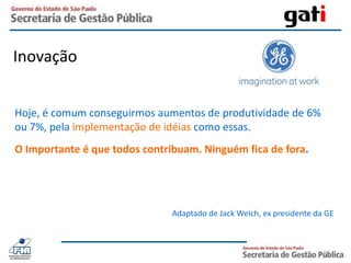 Inovação Hoje, é comum conseguirmos aumentos de produtividade de 6% ou 7%, pela implementação de idéias como essas. O Importante é que todos contribuam. Ninguém fica de fora.Adaptado de Jack Welch, ex presidente da GE