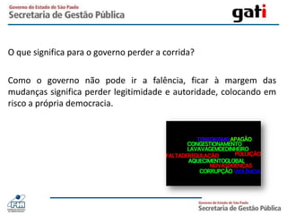 O que significa para o governo perder a corrida?Como o governo não pode ir a falência, ficar à margem das mudanças significa perder legitimidade e autoridade, colocando em risco a própria democracia.
