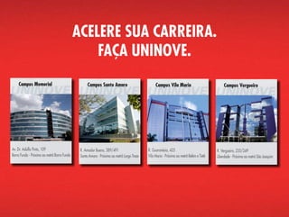 ACELERE SUA CARREIRA.
                                                         FAÇA UNINOVE.
                                                                                               Av. Dr. Adolfo Pinto, 109 109
                                                                                                        Av. Dr. Adolfo Pinto,                       R. AmadorAmador389/491
                                                                                                                                                           R. Bueno, Bueno, 389/491
                                                                                               Barra Funda - Próximo Próximo ao metrô Barra Funda
                                                                                                        Barra Funda - ao metrô Barra Funda          Santo Amaro - Amaro - Próximo ao metrô Largo Treze
                                                                                                                                                           Santo Próximo ao metrô Largo Treze




Av. Dr. Adolfo Pinto, 109 109
        Av. Dr. Adolfo Pinto,                         R. AmadorAmador389/491
                                                             R. Bueno, Bueno, 389/491         R. Guaranésia, 425 425
                                                                                                      R. Guaranésia,                                        R. Vergueiro, 235/249
                                                                                                                                                    R. Vergueiro, 235/249
Barra Funda - Próximo Próximo ao metrô Barra Funda
        Barra Funda - ao metrô Barra Funda            Santo Amaro -Amaro - Próximo ao metrô Largo Treze - Próximo Próximo ao metrô Tietê e Tietê
                                                             Santo Próximo ao metrô Largo Treze Maria Maria - ao metrô Belém e Belém
                                                                                              Vila Vila                                             Liberdade - Próximo Próximo ao metrô São Joaquim
                                                                                                                                                            Liberdade - ao metrô São Joaquim
 