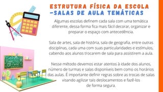 Algumas escolas definem cada sala com uma temática
diferente, dessa forma fica mais fácil decorar, organizar e
preparar o espaço com antecedência.
Sala de artes, sala de história, sala de geografia, entre outras
disciplinas, cada uma com suas particularidades e estímulos,
cabendo aos alunos trocarem de sala para assistirem a aula.
Nesse método devemos estar atentos à idade dos alunos,
número de turmas e salas disponíveis bem como os horários
das aulas. É importante definir regras sobre as trocas de salas
visando agilizar tais deslocamentos e fazê-los
de forma segura.
E S T R U T U R A F Í S I C A D A E S C O L A
E S T R U T U R A F Í S I C A D A E S C O L A
- S A L A S D E A U L A T E M Á T I C A S
- S A L A S D E A U L A T E M Á T I C A S
 