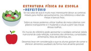 Se nas salas de aula é muito mais interessante deixar as carteiras
móveis para melhor aproveitamento, nos refeitórios o ideal são
mesas e bancos fixos.
Sobre as mesas podemos utilizar toalhas de mesa cobertas com
plástico transparente e ir mudando o visual a partir das trocas
dessas toalhas.
Os murais do refeitório pode apresentar o cardápio semanal, tabela
nutricional de cada refeição, nutrientes dos alimentos, curiosidades
alimentares, fotos de alimentos, etc.
Devemos levar em consideração o que os alunos gostam de comer e
oferecer alimentos saudáveis da forma mais atraente possível.
E S T R U T U R A F Í S I C A D A E S C O L A
E S T R U T U R A F Í S I C A D A E S C O L A
- R E F E I T Ó R I O
- R E F E I T Ó R I O
 
