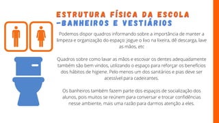 Podemos dispor quadros informando sobre a importância de manter a
limpeza e organização do espaço: jogue o lixo na lixeira, dê descarga, lave
as mãos, etc
Quadros sobre como lavar as mãos e escovar os dentes adequadamente
também são bem vindos, utilizando o espaço para reforçar os benefícios
dos hábitos de higiene. Pelo menos um dos sanitários e pias deve ser
acessível para cadeirantes.
Os banheiros também fazem parte dos espaços de socialização dos
alunos, pois muitos se reúnem para conversar e trocar confidências
nesse ambiente, mais uma razão para darmos atenção a eles.
E S T R U T U R A F Í S I C A D A E S C O L A
E S T R U T U R A F Í S I C A D A E S C O L A
- B A N H E I R O S E V E S T I Á R I O S
- B A N H E I R O S E V E S T I Á R I O S
 