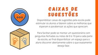 Disponibilizar caixas de sugestões pela escola pode
estimular os alunos a falarem sobre as melhorias que
esperam e parabenizar as ações que apreciam.
Para facilitar pode-se montar um questionário com
perguntas fechadas ou notas de 0 à 10 para cada parte
da escola, ao final disponibilizar um espaço para o
aluno discorrer abertamente sobre o que exatamente
deseja falar.
C A I X A S
C A I X A S D E
D E
S U G E S T Õ E S
S U G E S T Õ E S
 