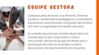 Composta pelos diretores, vice-diretores, diretores
auxiliares, coordenadores pedagógicos e orientadores
educacionais, deve promover uma gestão democrática
com foco na organização do trabalho educativo.
As unidades educacionais também devem levar em
consideração os pais, responsáveis e toda a
comunidade, oferecendo grupos de debate para a
participação de todos os envolvidos na esfera
educacional e de desenvolvimento do educando.
E Q U I P E G E S T O R A
E Q U I P E G E S T O R A
 