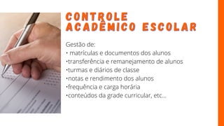 C O N T R O L E
C O N T R O L E
A C A D Ê M I C O E S C O L A R
A C A D Ê M I C O E S C O L A R
Gestão de:
• matrículas e documentos dos alunos
•transferência e remanejamento de alunos
•turmas e diários de classe
•notas e rendimento dos alunos
•frequência e carga horária
•conteúdos da grade curricular, etc...
 