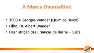 A Marca Ovomaltine1900 ≈ Georges Wander (Químico, suíço)Filho, Dr. Albert WanderDesnutrição das Crianças de Berna – Suíça