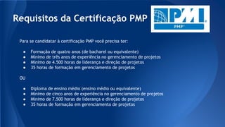 Requisitos da Certificação PMP
Para se candidatar à certificação PMP você precisa ter:
● Formação de quatro anos (de bacharel ou equivalente)
● Mínimo de três anos de experiência no gerenciamento de projetos
● Mínimo de 4.500 horas de liderança e direção de projetos
● 35 horas de formação em gerenciamento de projetos
OU
● Diploma de ensino médio (ensino médio ou equivalente)
● Mínimo de cinco anos de experiência no gerenciamento de projetos
● Mínimo de 7.500 horas de liderança e direção de projetos
● 35 horas de formação em gerenciamento de projetos
 