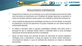 RESULTADOS ESPERADOS
• O jogo Mestre da Tabuada, por sua interação com as novas tecnologias educacionais foi trazido
como ferramenta na memorização com a finalidade de interligar aquilo que os aprendem na
escola com situações cotidianas, sendo os games uma realidade na vivência dos estudantes da.
• Como resultado da aplicação dessa metodologia, percebeu-se na turma atitudes de interação,
de colaboração e de troca de experiências em grupos resultando em uma melhor fixação do
conhecimento adquirido.
• As análises e discussões sobre os aspectos metodológicos utilizados neste plano, levam a
percepção de que os resultados obtidos indicam a ludicidade aliada as novas tecnologias
educacionais são formas eficazes de ensino e mentalização.
• Apesar do pouco tempo para execução do plano de intervenção foi possível estabelecer
correlações entre o desempenho, o tempo de resposta em calculo mental relacionado a
memorização da tabuada e o grau de satisfação dos estudantes em relação as atividades
desenvolvidas.
 