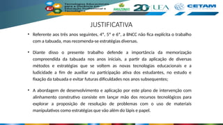 JUSTIFICATIVA
• Referente aos três anos seguintes, 4º, 5º e 6º, a BNCC não fica explícita o trabalho
com a tabuada, mas recomenda-se estratégias diversas.
• Diante disso o presente trabalho defende a importância da memorização
compreendida da tabuada nos anos iniciais, a partir da aplicação de diversas
métodos e estratégias que se voltem as novas tecnologias educacionais e a
ludicidade a fim de auxiliar na participação ativa dos estudantes, no estudo e
fixação da tabuada e evitar futuras dificuldades nos anos subsequentes;
• A abordagem de desenvolvimento e aplicação por este plano de intervenção com
alinhamento construtivo consiste em lançar mão dos recursos tecnológicos para
explorar a proposição de resolução de problemas com o uso de materiais
manipulativos como estratégias que vão além do lápis e papel.
 