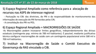 Resolução CIT nº 37, de 22 de março de 2018Resolução CIT nº 37, de 22 de março de 2018
5) Espaço Regional Ampliado como referência para a alocação de5) Espaço Regional Ampliado como referência para a alocação de
recursos nas ASPS de interesse regionalrecursos nas ASPS de interesse regional
- Pactuação na CIB: das diretrizes, do PRI e da responsabilidade de monitoramento das
informações de execução do PRI fornecidas pelas CIR;
- A consolidação dos PRI no PES;
6) Espaço Regional Ampliado = MACRORREGIÕES DE SAÚDE6) Espaço Regional Ampliado = MACRORREGIÕES DE SAÚDE
-As Macrorregiões podem incorporar limites geográficos, independentemente das divisas
estaduais (contingente pop. mínimo de 700 mil habitantes). É possível, mediante justificativa
técnica configurar macrorregiões de saúde com um contingente populacional entre 500 mil e
700 mil habitantes;
7) Instituir na Macrorregião de Saúde o Comitê Executivo de7) Instituir na Macrorregião de Saúde o Comitê Executivo de
Governança da RAS vinculado a CIB.Governança da RAS vinculado a CIB.
 
